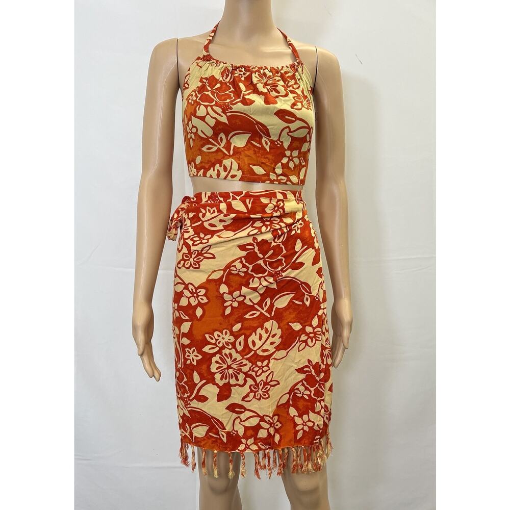 Hilo Hattie Hawaiian Wrap Skirt & Halter Top Swim Cover Up Orange Hibiscus S/M